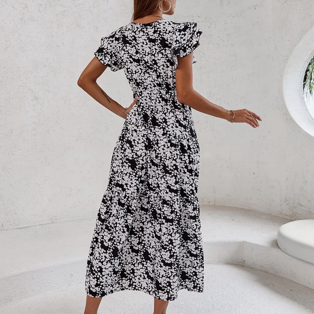 Boho Floral Butterfly Sleeve Dress V neck Blue 90s - Picture 8 of 14